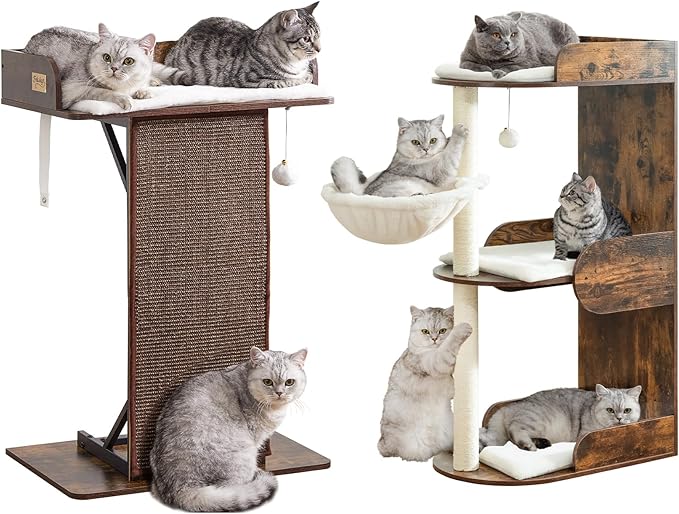 cfor Indoor Large Cats, Cat Scratching Posts with Big Perch Bed, Wooden Cat Condo with Hammock, Removable Pads, Kitty Furniture, Rustic Brown