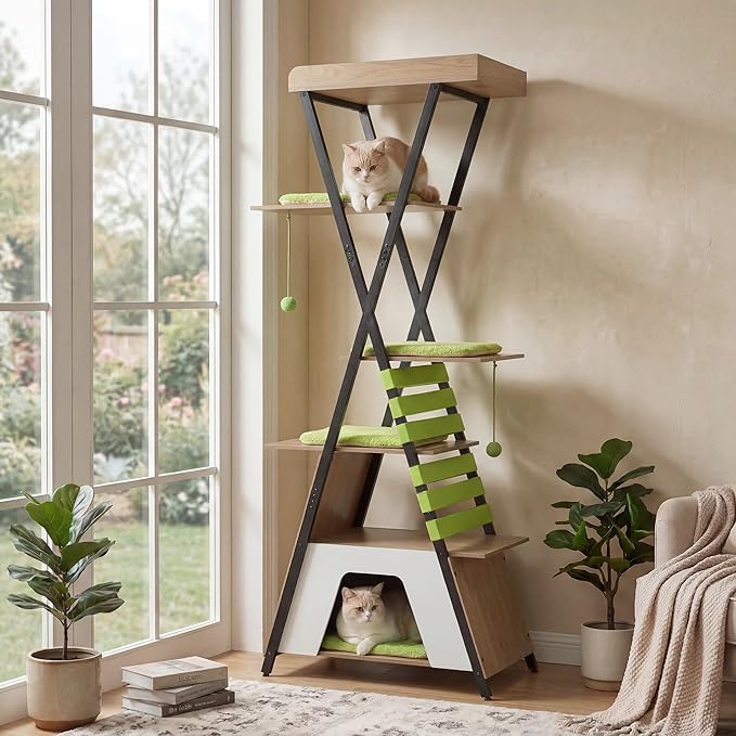 Tangkula 73 Inch Tall Cat Tree, Modern Wood Cat Tower with Scratching Pad, Extra-Large Perch & Removable Washable Mats, 3 Pompoms, Multi-Level Cat Furniture for Indoor Cats Large Adult (Green)