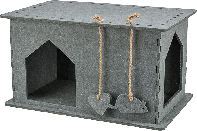 TRIXIE Lene Felt Cat Condo - Indoor Cat Furniture - Small Hideaway Cave with Hanging Toy and Jute Scratching Pads - Gray