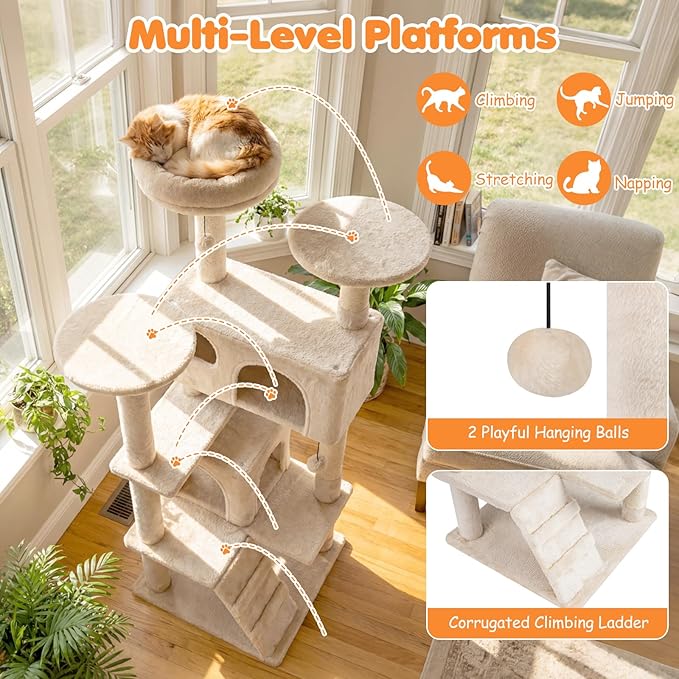 Tangkula Cat Tree Tower, 52 Inch Multi-Level Cat Tower with Sisal Scratching Posts, Cushioned Top Perch, Large Dual Condos & Ladder, 2 Hanging Balls, Jumping Platforms for Indoor Cats (Beige)