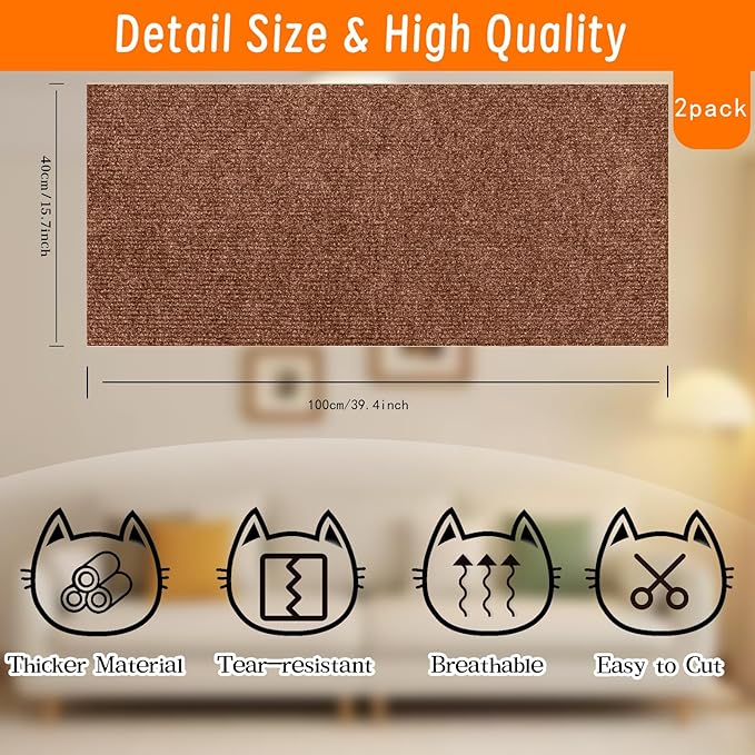 Cat Scratching Mat, Self-Adhesive Cat Scratching Carpet, Trimmable at Scratch Furniture Protector for Cat Tree Shelves, Cat Scratching Post Couch Protector (2PCS, Brown)