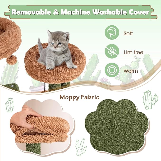 PETSITE 63 inch Cactus Cat Tree Tower, Multi-Level Cat Tower with Sisal Scratching Posts, Sisal Ladder, Hanging Balls, Cat Condos and Side Basket Bed, Cute Cat Tree for Indoor Cats