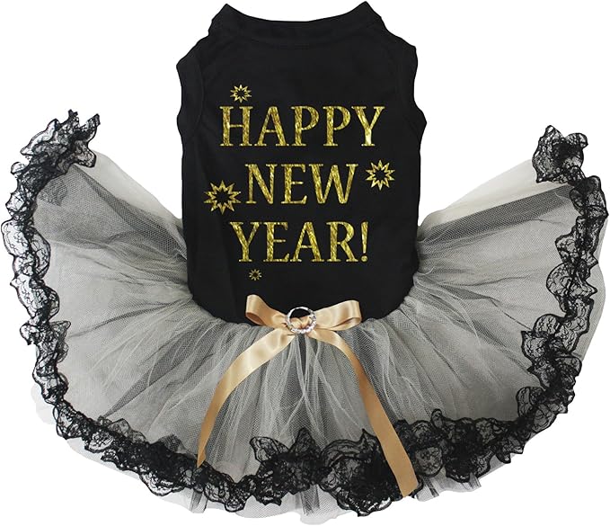Petitebella Happy New Year Puppy Dog Dress (Black/Gold Black Lace, Small)