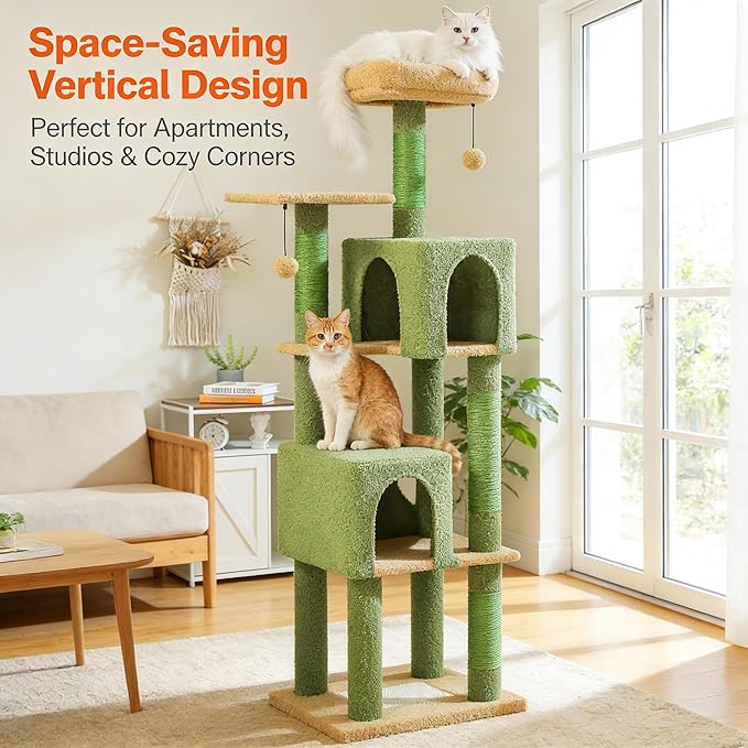 62" Cactus Cat Tree for Large Cats, Multi-Level Cat Tower with 2 Plush Condos, Soft Bed, Scratching Posts & Pad, Padded Perch & 2 Hanging Pompoms for Indoor Cats, Green