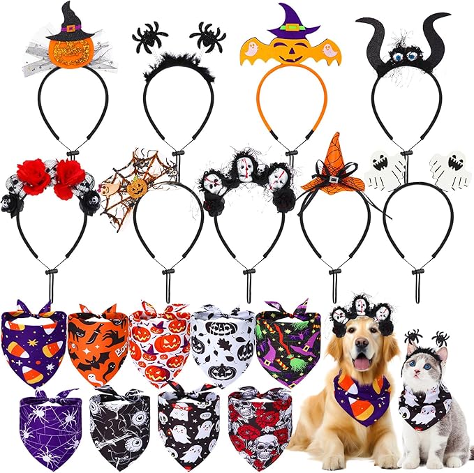 Sadnyy 18 Pcs Halloween Dog Bandanas Bulk Pumpkin Dog Bandanas Spider Triangle Scarf Adjustable Bat Headbands Bib for Small Medium Large Pet Halloween Holiday Costume Accessories