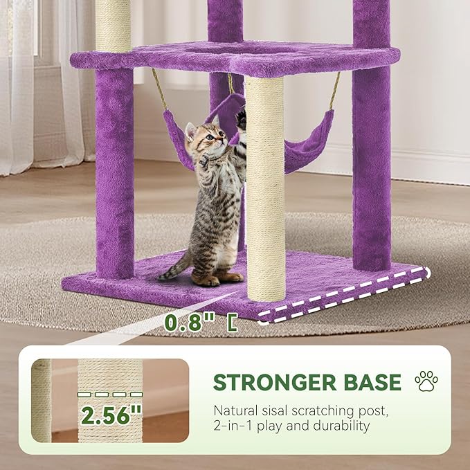 60" Cat Tree for Indoor Cats with Green Leaves, Multi-Level Large Cat Tower with Hammock, Plush House w/Hang Ball Toy and Scratching Posts (Purple)