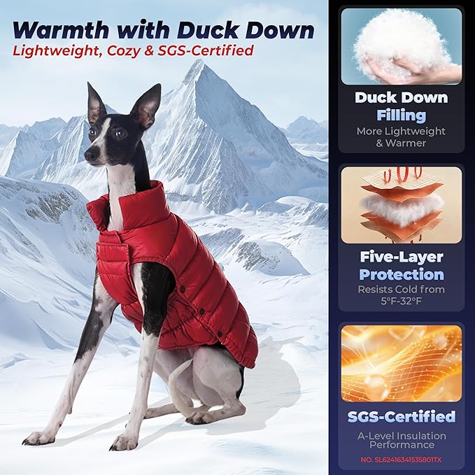 SPACE LION Dog Puffer Jacket, Down Winter Coat, Durable Outdoor Coat for Cold and Windy Conditions, Lightweight & Adjustable Fit Coats for Small & Medium Dogs, (Red, Size12/M)
