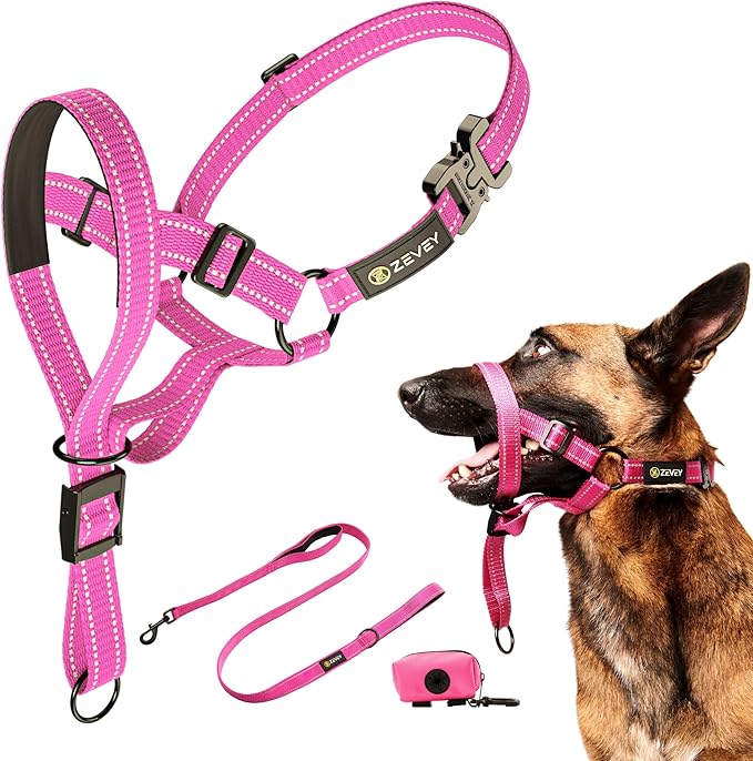 Dog Headcollar with Leash and Safety Strap Stops Heavy Pulling On The Leash Padded Reflective Head Halter for Small Medium Large Dogs Adjustable Head Harness for Training and Walking, (L, Pink)