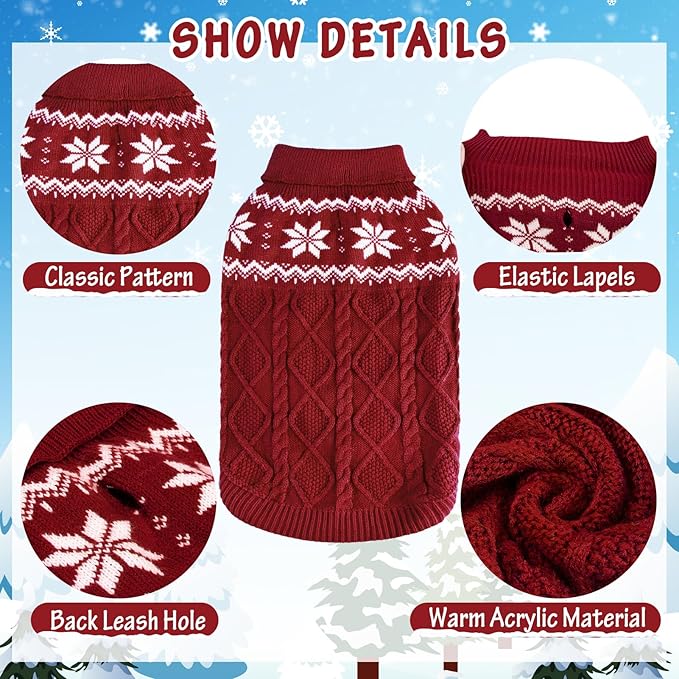 Warm Winter Pink Dog Sweater - Cold Weather Pet Clothes for Small Medium Large Dogs Indoor Outdoor, Soft Classic Knit Puppy Apparel Coat, Dark Red, XS