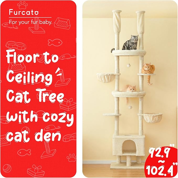 Cat Tree, Floor to Ceiling Cat Tower Adjustable Height [92.9-102.4 in=235-258cm], 7 Tiers Cat Climbing Play House with Scratching Post, Cozy Condo & Hammocks for Indoor Cats, Beige