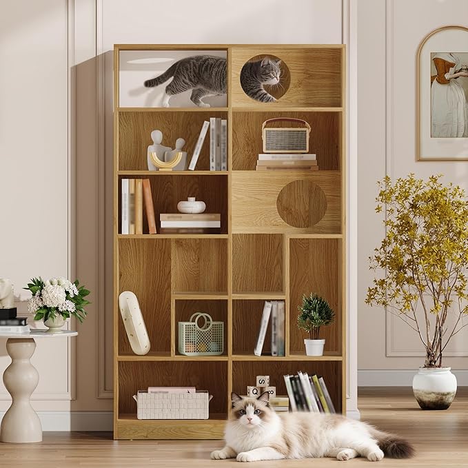 Bookcase Wooden Cat Tree, Natural Color Bookshelf Indoor Cat House Pet Furniture, Display Case with Storage, Cat Litter Box Enclosure Climbing Shelf
