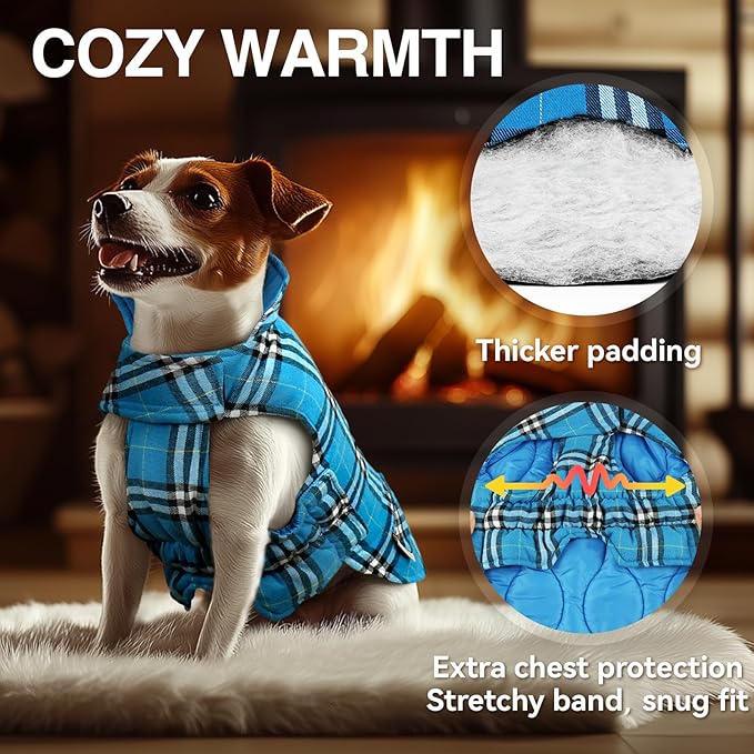 VIVAGLORY Softjoy Dog Coat, Dog Jacket for Winter & Christmas, Coat with Harness Hole, Reversible Plaid Checkered Warm Fluffy Heavy Duty for Puppy, L, Blue