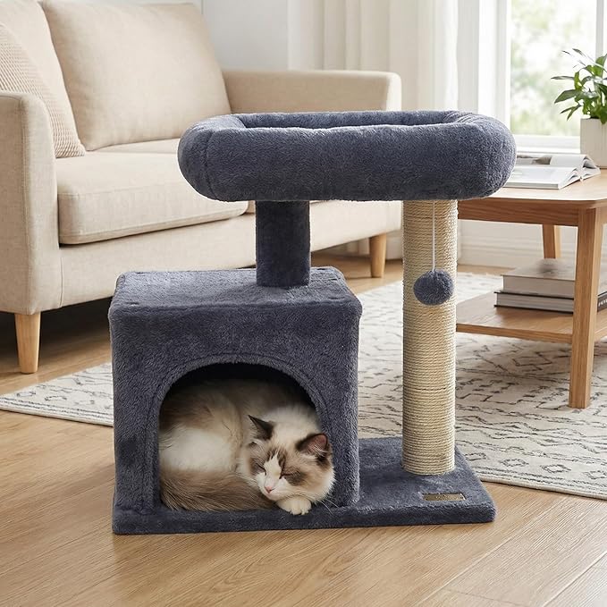 PETSITE 19.5-inch Small Cat Tree, with Sisal Scratching Post, Interactive Hanging Ball, Comfy Condo, and Spacious Top Perch, Ideal for Indoor Cats and Kittens (Dark Grey)
