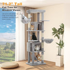 71.2" Tall Cat Tree for Indoor Cats Adult, 9-Levels Large Cat Tower with 5 Sisal Posts, 3 Hammocks, 2 Codons, Big Perch & 3 Pom Poms for Multi Cats Household– Plush Gray