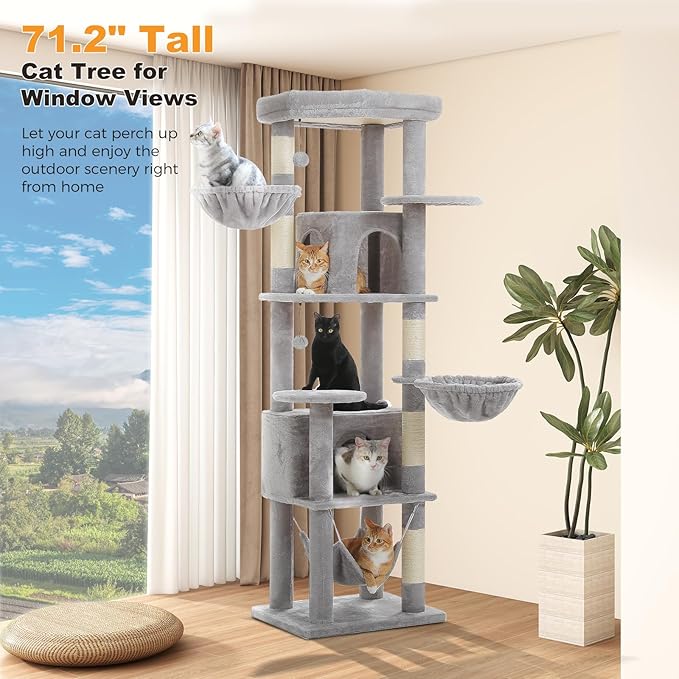 71.2" Tall Cat Tree for Indoor Cats Adult, 9-Levels Large Cat Tower with 5 Sisal Posts, 3 Hammocks, 2 Codons, Big Perch & 3 Pom Poms for Multi Cats Household– Plush Gray