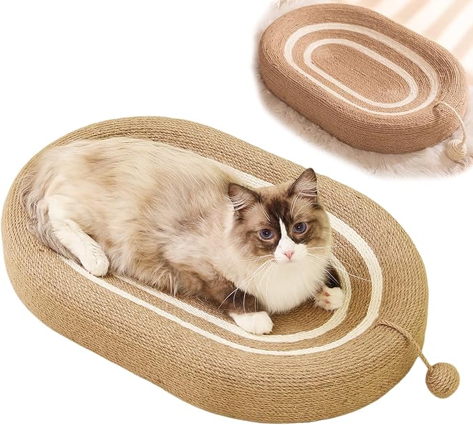 Oval Cat Scratching Board & Mat - Cat Scratching Post 24 Inch Made of Durable Sisal Rope, 3-in-1 Scratching Bed for Indoor Cats to Play, Rest & Scratch (24-inch Brown)
