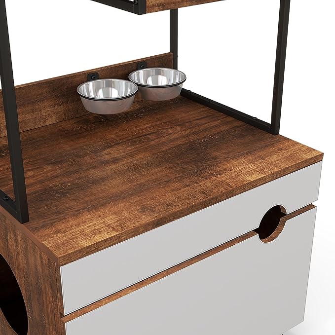Cat Litter Box Enclosures with Cat Tree Tower,Cat Furniture All-in-one Modern, with Food Station and Cushions