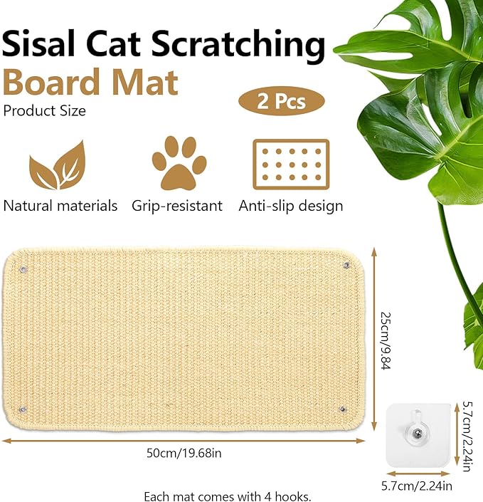Huakaile Sisal Cat Scratch Pad for Indoor Cats, 19.6" x 9.8" Mountable Cat Wall Scratcher Carpet, Perforated Cat Scratch Furniture Protector for Couch Corner Door Sofa Climbing Hanging (2 Pack)