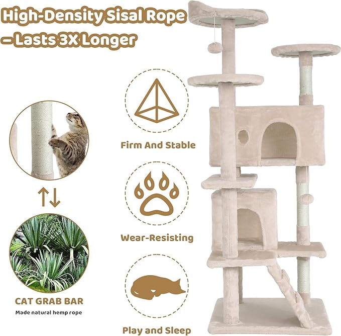 Cat Tree Tower, Sisal-Covered Scratching Posts, Condo, Hammock, Dangling Ball, and Extended Platform, Big Cat House & Furniture, 54" Tall, Beige