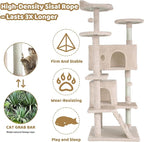 Cat Tree Tower, Sisal-Covered Scratching Posts, Condo, Hammock, Dangling Ball, and Extended Platform, Big Cat House & Furniture, 54" Tall, Beige
