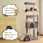 66 inches Cat Tree, Multi-Level Tall Modern Cat Tower for Indoor Large Cats Adult with Sisal Scratching Posts & Board, Padded Platforms, Hammock and Condo, Grey