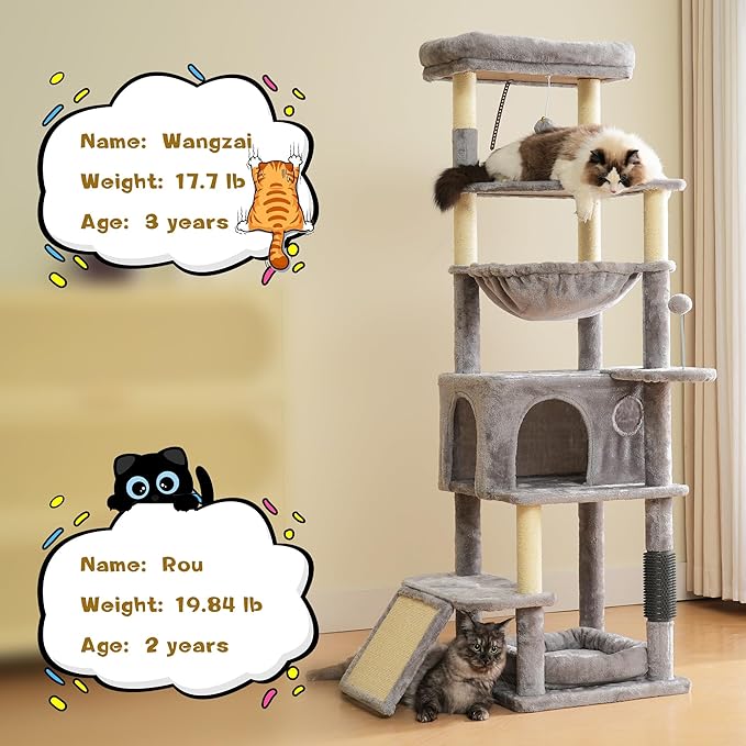 66 inches Cat Tree, Multi-Level Tall Modern Cat Tower for Indoor Large Cats Adult with Sisal Scratching Posts & Board, Padded Platforms, Hammock and Condo, Grey