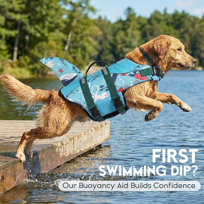 ASENKU Dog Life Jacket - Pet Safety Vest for Swimming & Boating, Shark Life Jacket with Floatation, Dog Lifesavers Swimsuits for Small Medium Large Dogs (Ocean, XS)