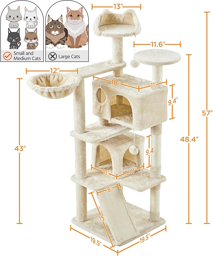 Yaheetech 57 inches Cat Tree for Indoor Cats, Multi-Level Cat Tower w/ 3 Perches, 2 Cat Condos, 2 Hanging Balls and Scratching Posts, Beige