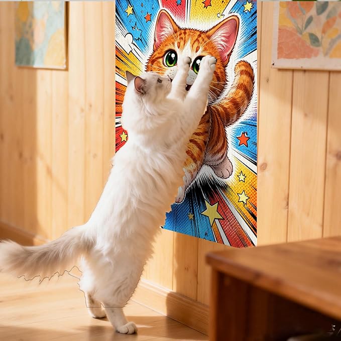 Nuxovilar Cat Wall Scratcher 15.3x23.6 Inches Polyester Synthetic Fiber, Comic Style Kitten Print, wall scratchers for Indoor Cats, cat Scratch pad, Home Decor, Kids Room, Den (2pcs)