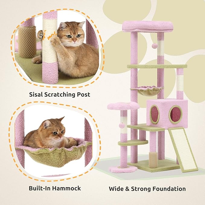 DWVO Flower Cat Tree for Large Cats: 61" Tall with Self-Grooming Brush, Cute Kitten Climbing Tower for Indoor Kittens with Cat Condo, Top Perch, Basktet, Sisal Scratching Posts, Dangling Ball