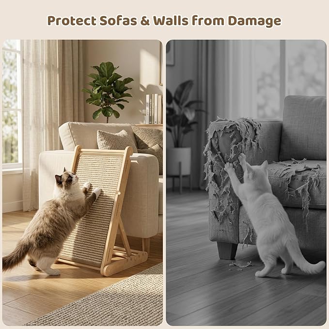XiaZ Sisal Cat Scratcher, 31" Wooden Cat Scratching Board with 5 Adjustable Heights, Replaceable Sisal Mat and Angled Scratch Pad for Indoor Cats, Ready to Use, No Assembly Required