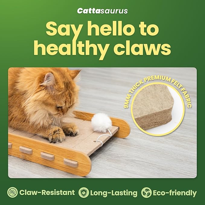 Cattasaurus Claw-Resistant L-Shaped Cat Scratcher, Premium 9mm Felt Wall Mount, 24" Height with Dangling Ball Toy, Vertical Scratching Post, Easy Assembly (Beige)