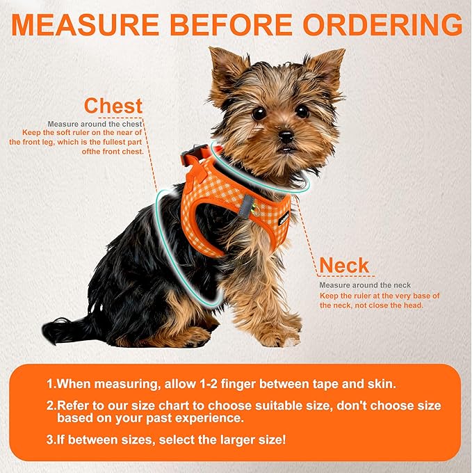 AIITLE Dog Harness and Leash Set, Reflective Adjustable Soft Mesh Vest with Plaid Print for Small Dogs – Breathable No-Pull Design for Daily Walks & Outdoor Adventures (XXS, Orange)
