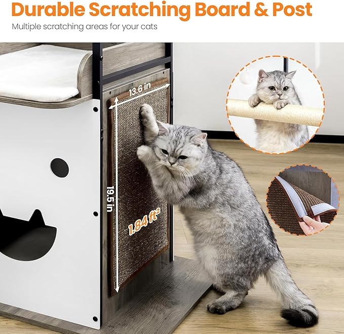 Wood Modern Cat Tree Tower for Indoor Large Cats,48-Inch Tall Wooden Cat Trees with Big Perch Bed, Multi-Level Condo with Scratching Board and Posts, Removable Pads, Cat Furniture, Greige