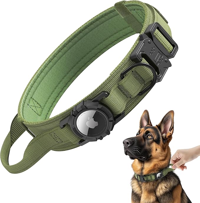 Tactical AirTag Dog Collar - Heavy Duty, Adjustable GPS Collar Compatible with Apple AirTag, with Holder & Control Handle for Medium/Large Dogs [ Green, M ]