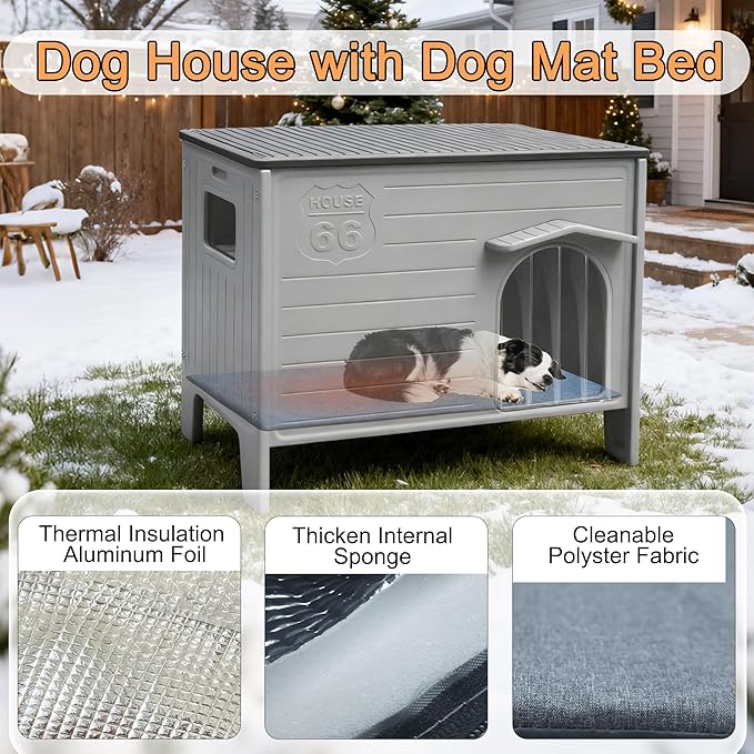Large Dog House Outdoor with Dog Mat Weatherpoof Plastic Dogs Houses Indoor Waterproof Stray/Pet Dog Shelter Outside for Large and Medium Dogs