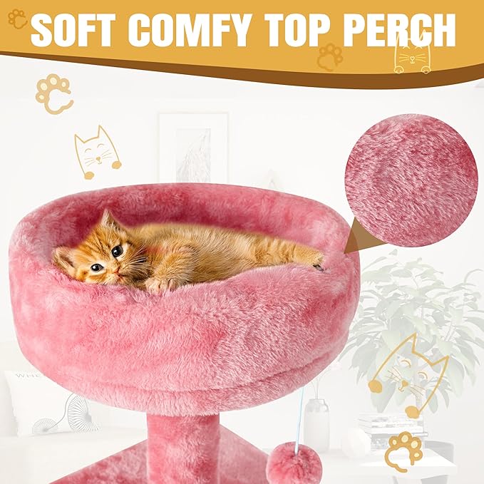58" Cat Tree Large Cat Tower Condo w/Multi-Level Scratching Post for All Indoor Cats (Pink)