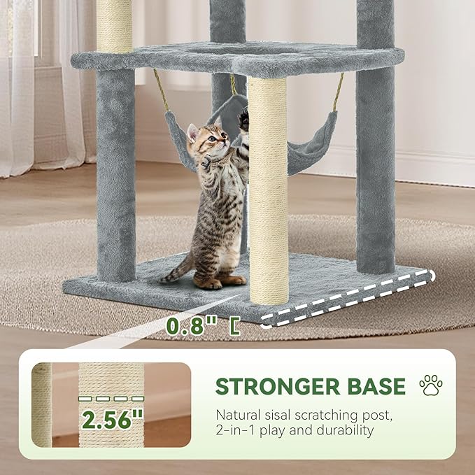 61" Large Cat Tree Tower for Indoor Cats with DIY Green Leaves Scratching Post Multi Soft Hang Ball Plush Cat House Furniture 360° Rotating Cat Scratch Board with Hammock, Square Grey