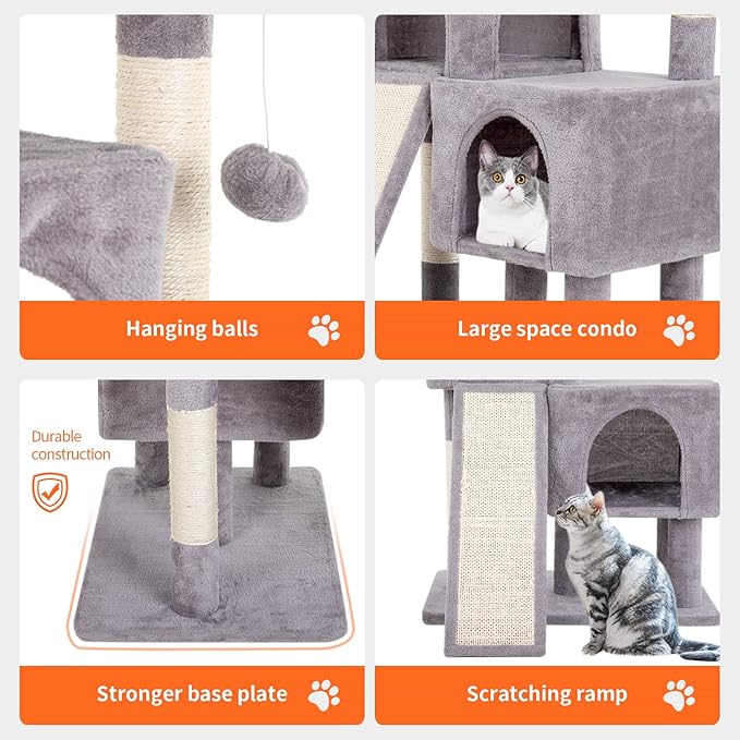 BestPet 36 inches Cat Tree for Indoor Cats Cat Tower with Scratching Posts Multi-Level Cat Furniture Condo with Ramp, Perch Spacious Cat Cave & Funny Toys for Kittens House (Ashy)