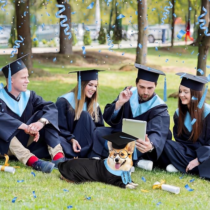 5 Pcs Dog Graduation Costume Set Include 2026 Pet Graduation Gown with Stole Puppy Grad Cap Lensless Glasses DIY Letter Stickers for Dogs Cats Holiday Costume Accessory(Black Light Blue,XL)