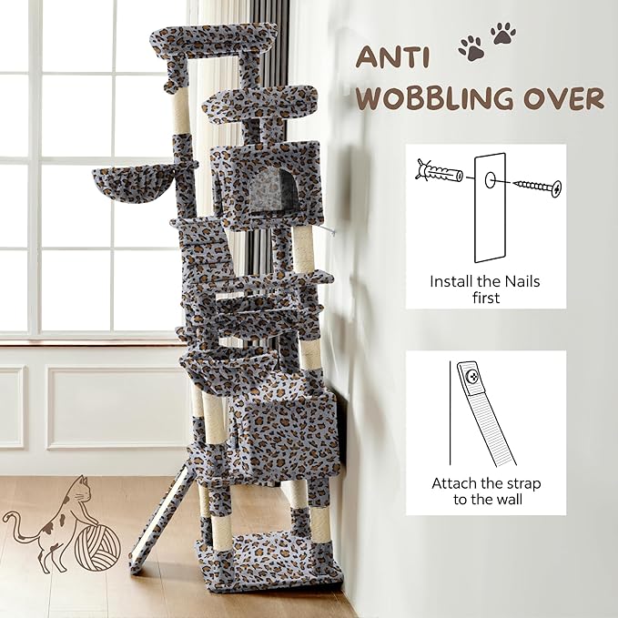 80 Inch Cat Tree, Large Cat Tower with 9 Scratching Posts, 2 Perches, 2 Caves, 2 Basket, 2 Stairs, Extra Large Hammock, Multi-Level Plush Cat Condo for Indoor Cats/Grey Leopard Print