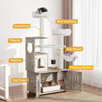 YITAHOME Cat Tree with Litter Box Enclosure, 2-in-1 Cat Furniture, Modern Cat Condo, Indoor Cat Tower with Wood House, Perch, Food Station, Hammocks, Scratch Post, Hair Brush, 59 Inch, Gray