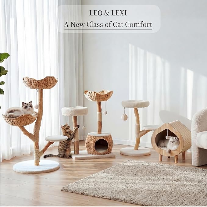 LEO & LEXI Real Wood Modern Cat Tree Tower, Cat Scratching Post with Bed for Small Indoor Cats, Solid Wooden Climbing Tower, Aesthetic Stand, Boho Luxury Pet Furniture
