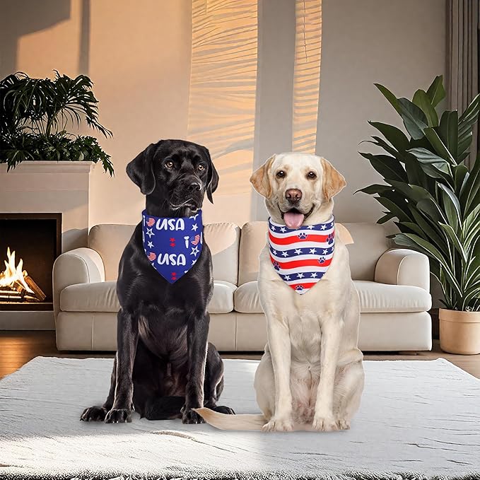 4th of July Dog Bandanas 2-Pack for Small Dogs - Double-Sided Patriotic USA Flag & Paw Print Tie-On Scarves, Red White Blue for Boy or Girl Pups, 9-14" Neck