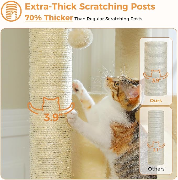 PETEPELA 58" Large Cat Tree for Big Adult Cats up to 30 lbs, Heavy Duty Cat Tower w/Extra-Thick Scratching Posts [φ3.9”], XL Hammock & Spacious Condo, Study Cat Furniture for Maine Coons, Beige