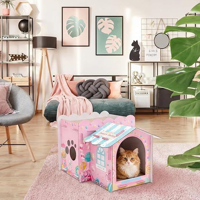 2 Story Cardboard Cat House with Scratcher Pad for Small Kitten,17x12x10 Multi Level Durable Cat Condo & Villa for Bunny Rabbit Small Animals Christmas Birthday Gift(Confectionery)