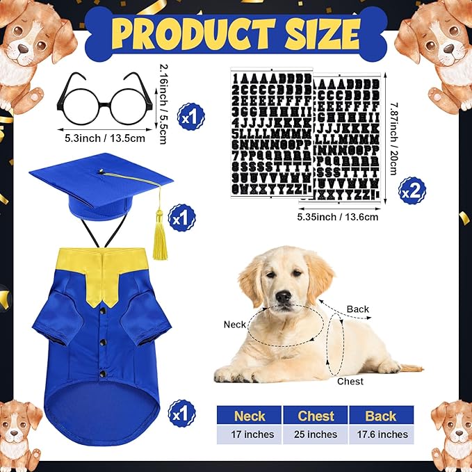 5 Pcs Dog Graduation Costume Set Include 2026 Pet Graduation Gown with Stole Puppy Grad Cap Lensless Glasses DIY Letter Stickers for Dogs Cats Holiday Costume Accessory(Blue Yellow,L)