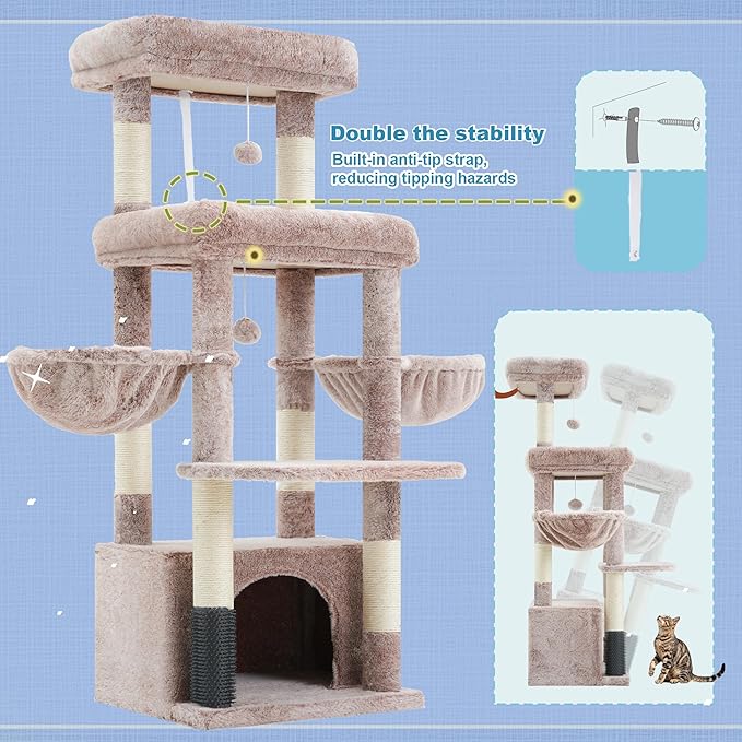 Hey-brother Cat Tree Tower, Scratching Posts with Extra Large Platform, Specious Condo, 2 Cozy Hammocks, Self-Grooming Brush for Indoor Adult Cats, Maine Coon 51.1 inches, Muchroom MPJ070MU