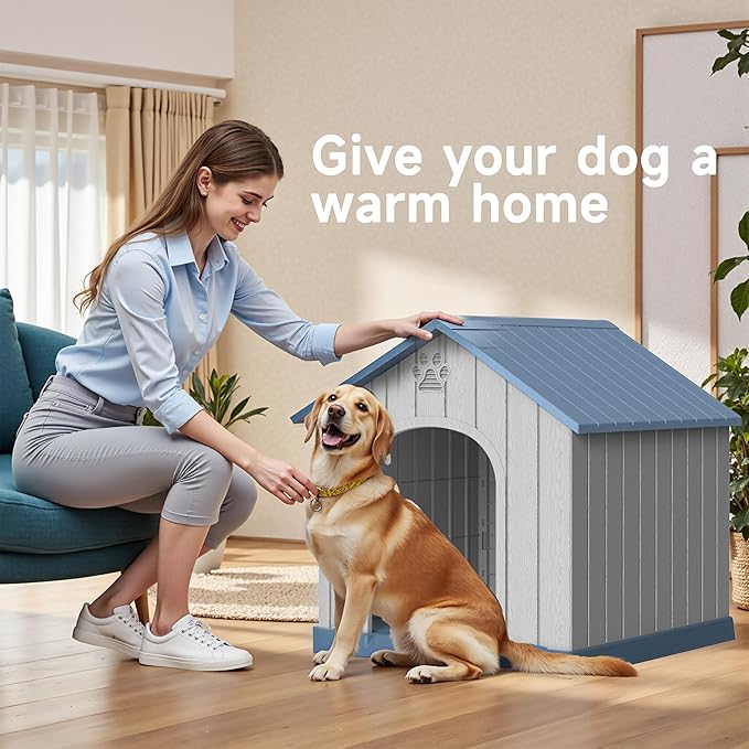 VIXZEN Dog House Outdoor Large Breed - 38 Inch Weatherproof PP Resin Doghouse with Elevated Floor, Open Design & Easy Assembly, Large Dog Houses for Large Dogs Outside (Blue)