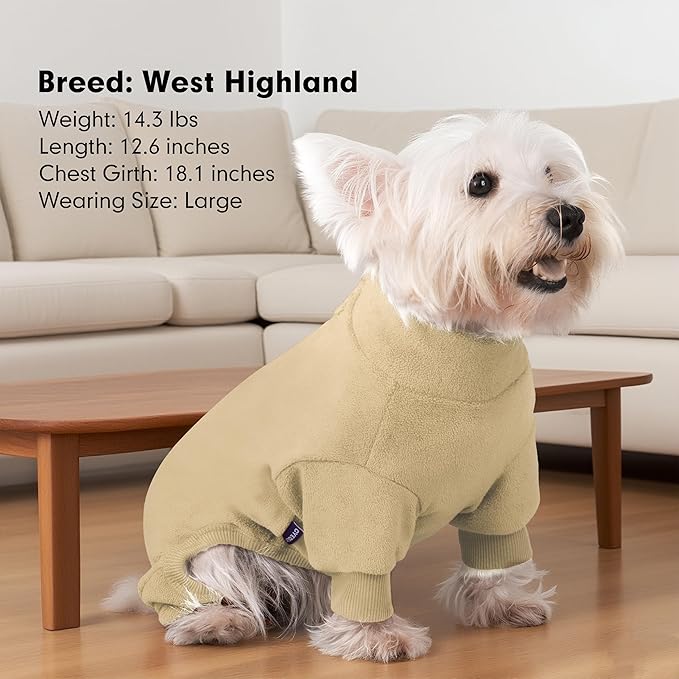 cyeollo Fleece Dog Pajamas for Small Dogs, Warm Turetleneck Dog Pjs Stretchy Soft Doggie Onesie Dogs Winter Clothes Thermal Pet Jammies Boy & Girl Puppy Fall Coat, Beige S